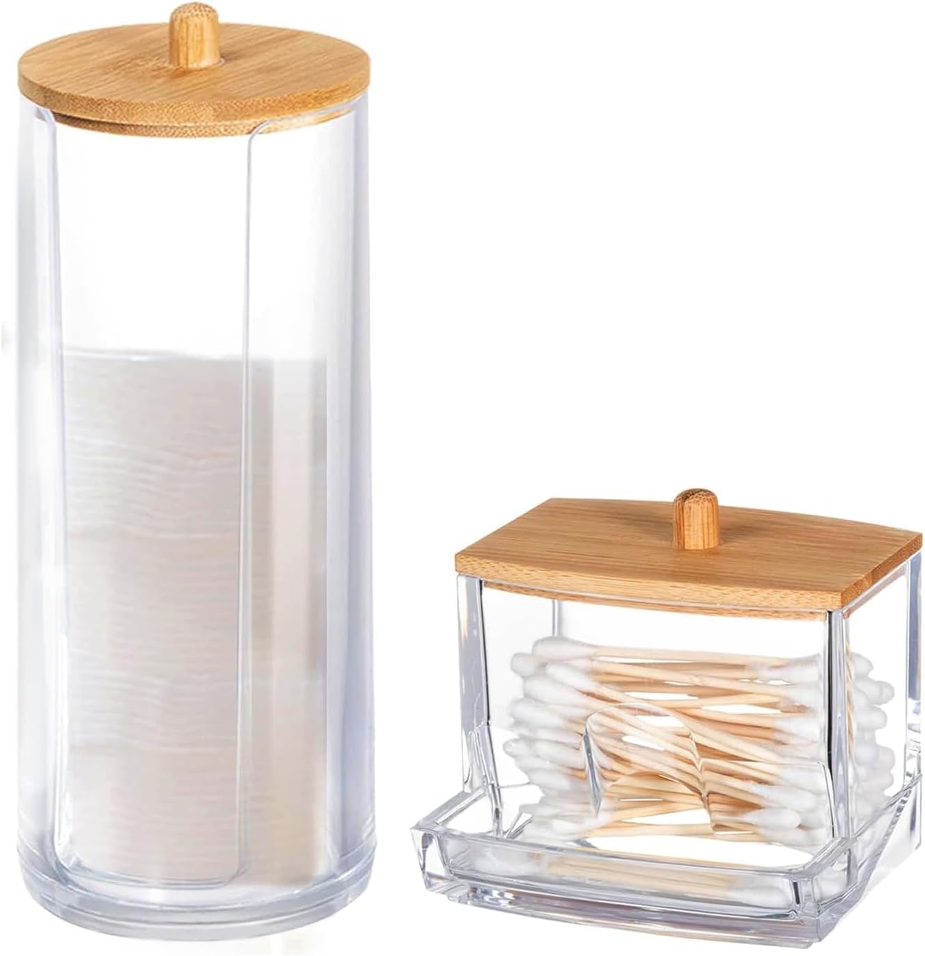 2 Stück Wattestäbchen Halter, Wattestäbchen Aufbewahrung, Wattepads Aufbewahrung, Wattepad Halter mit Bambus Deckeln, Transparente Aufbewahrung Von Wattepads, für Wohnzimmer, Schlafzimmer, Badezimmer