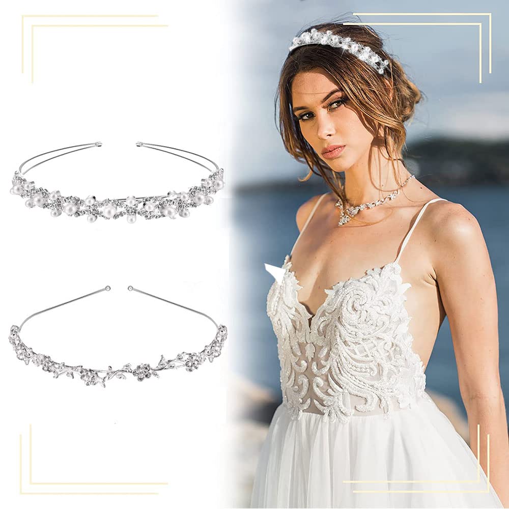 Voarge 2 Stück Strass Haarreif Haarschmuck, Elegant Weiße Perlen, Kristall Haarreif Blumen Blätter Form Haarband Haarschmuck für Hochzeit Damen Braut Brautjungfern