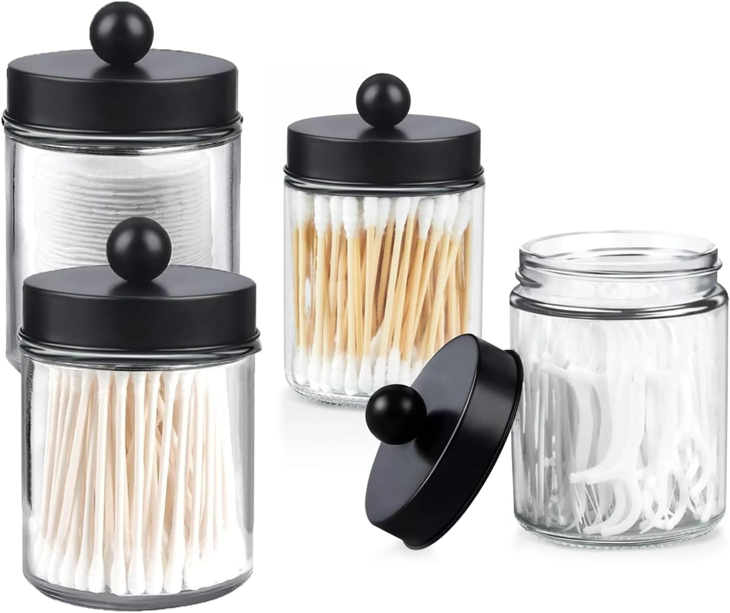 Esmula Cobenga 4 Stück Glas Wattestäbchen Behälter, Schminktisch Badezimmer Organizer, Acryl Wattepads Aufbewahrung für Wattebausch, Wattestäbchen, Runde Wattepads,Zahnseide,Make-up-Schwämme