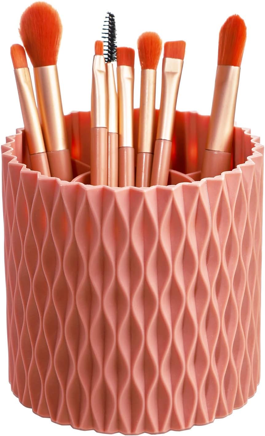 RAMFIYN Pinker 360° drehbarer Make-up-Organizer, drehbarer Make-up-Pinselhalter, einzigartige strukturierte Make-up-Pinselbecher für Schminktisch-Dekor, Lippenstift-Halter für Badezimmer-Theke,