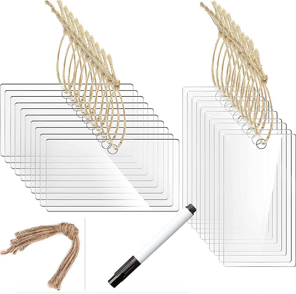 10 x / 20 x transparente Acryl-Korbanhänger, natürliche Schnur, Hängeetiketten für Aufbewahrungsbehälter, Küche, Sig