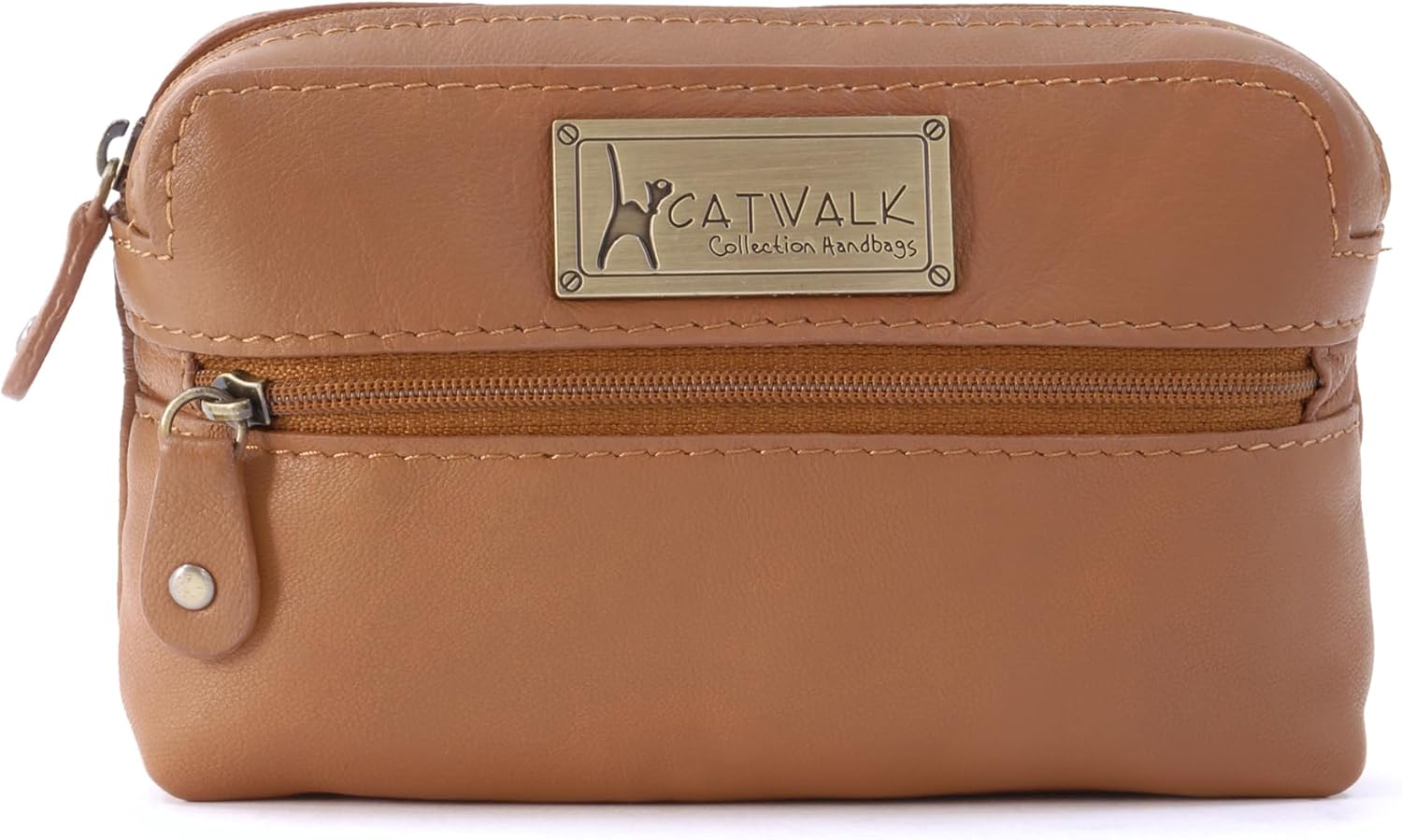 Catwalk Collection Handbags - Damen Leder Make-Up Tasche Klein - Kosmetiktasche für Handtasche - Multifunktional Beutel für Reise - Savannah Hellbraun