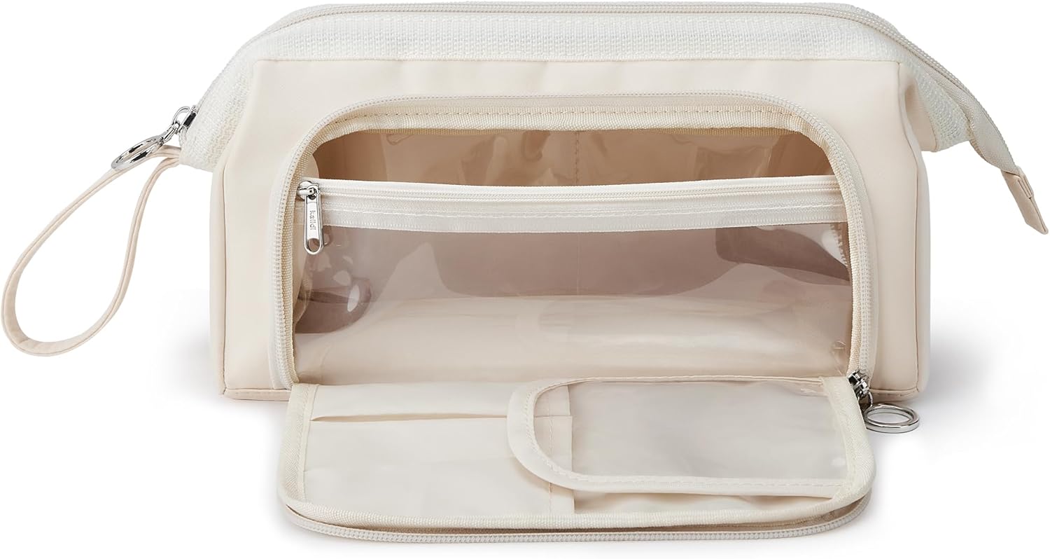 KALIDI Groß Kosmetiktasche Weit Offener Make-up-Tasche Kulturbeutel Schminktasche für Damen Reise Toilettenartikel Zubehör Bürsten (Beige)