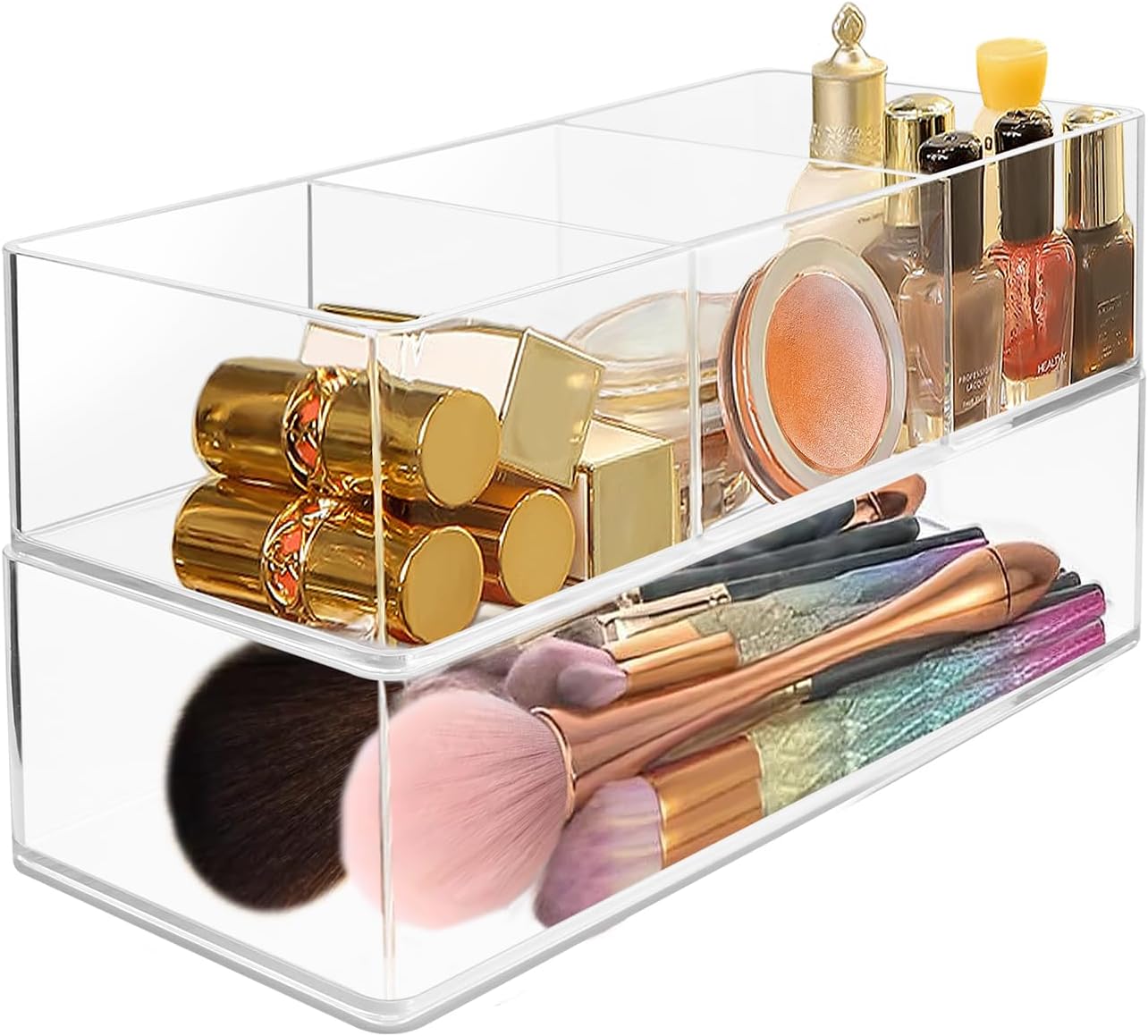 LUBOXIN 2er Set Kosmetik Organizer, 3-Fach Make Up Organizer Schlafzimmer Schminktisch Organizer, Transparent Stapelbar Kosmetik Schmink Aufbewahrung für Nagellacke, Accessoires, Schmuck