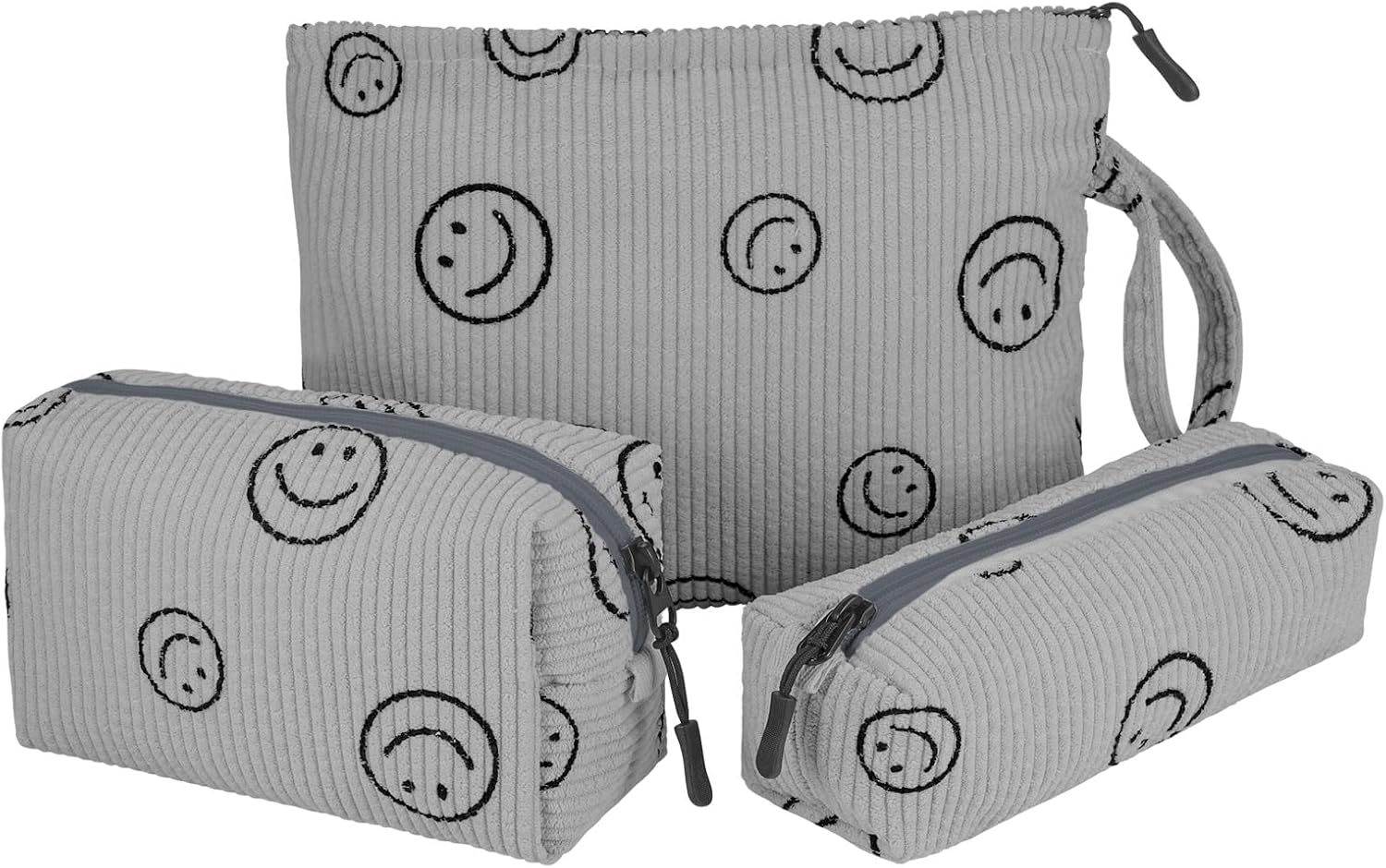 Huiguli 3 Stück Kosmetiktasche, Grau Kordsamt Niedlich Lächeln Gesicht Kosmetiktasche, Verbessertes Segeltuchmaterial Innen Make Up Tasche Tragbare, für Reisen Kinder Mädchen Damen (Grau)