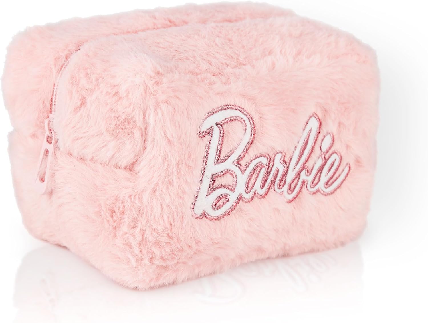 Barbie Damen Flauschige Make-up-Tasche | Damen Allover-Pelz mit gesticktem Logo in Pink | Klassischer Logo-Reißverschluss-Kosmetik-Aufbewahrungsbeutel Puppenbekleidungsbehälter mit viel Stauraum