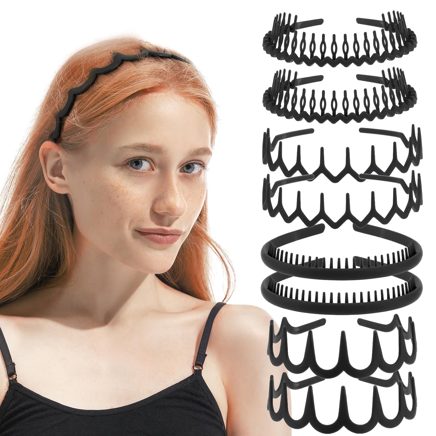 8 Stück Haarreifen Matt Schwarzes Elastisches Haarbänder Mehrere Stile Wellen Gezackte Haarreif Rutschfest Zickzack-Stirnband Geeignet für Tägliches Yoga Make-up Sport Fitness Waschen Ausgehen