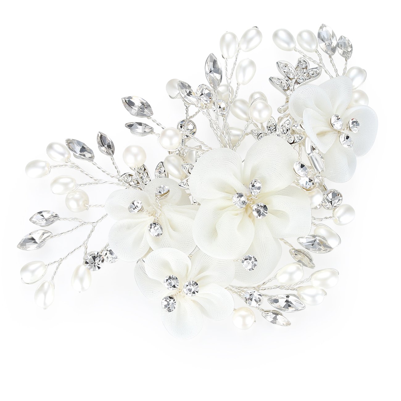HONEY BEAR Damen Brautschmuck Blume Haarkämme Haar Klammern für Hochzeit, Kristall Strass mit Simulierte Perlen Haarschmuck,MEHRWEG (weiß)