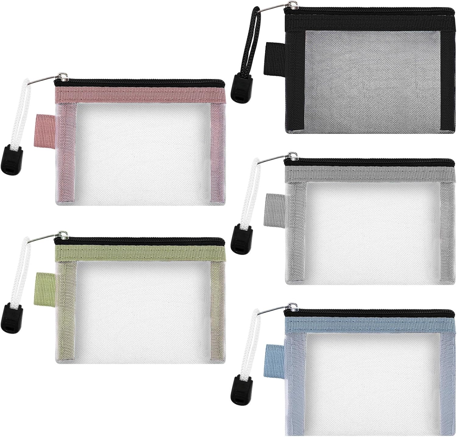 Ptwola 5 Stück Mini Make-up Netz Taschen mit Reißverschluss Nylon Kleine Kosmetik Kulturbeutel Münzgeldbörse Tragbare Reisetasche für Frauen, Lippenstift, Schmuck, Kopfhörer, Kreditkarte
